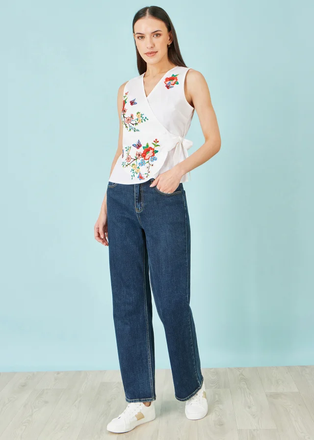 Yumi White Stretch Cotton Embroidered Wrap Top