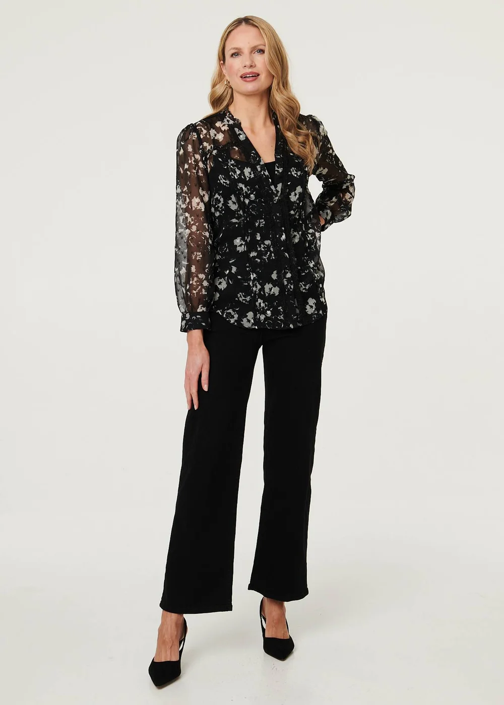 Izabel London Black Floral Semi Sheer Layer Lace Trim Blouse - 14 Image 1