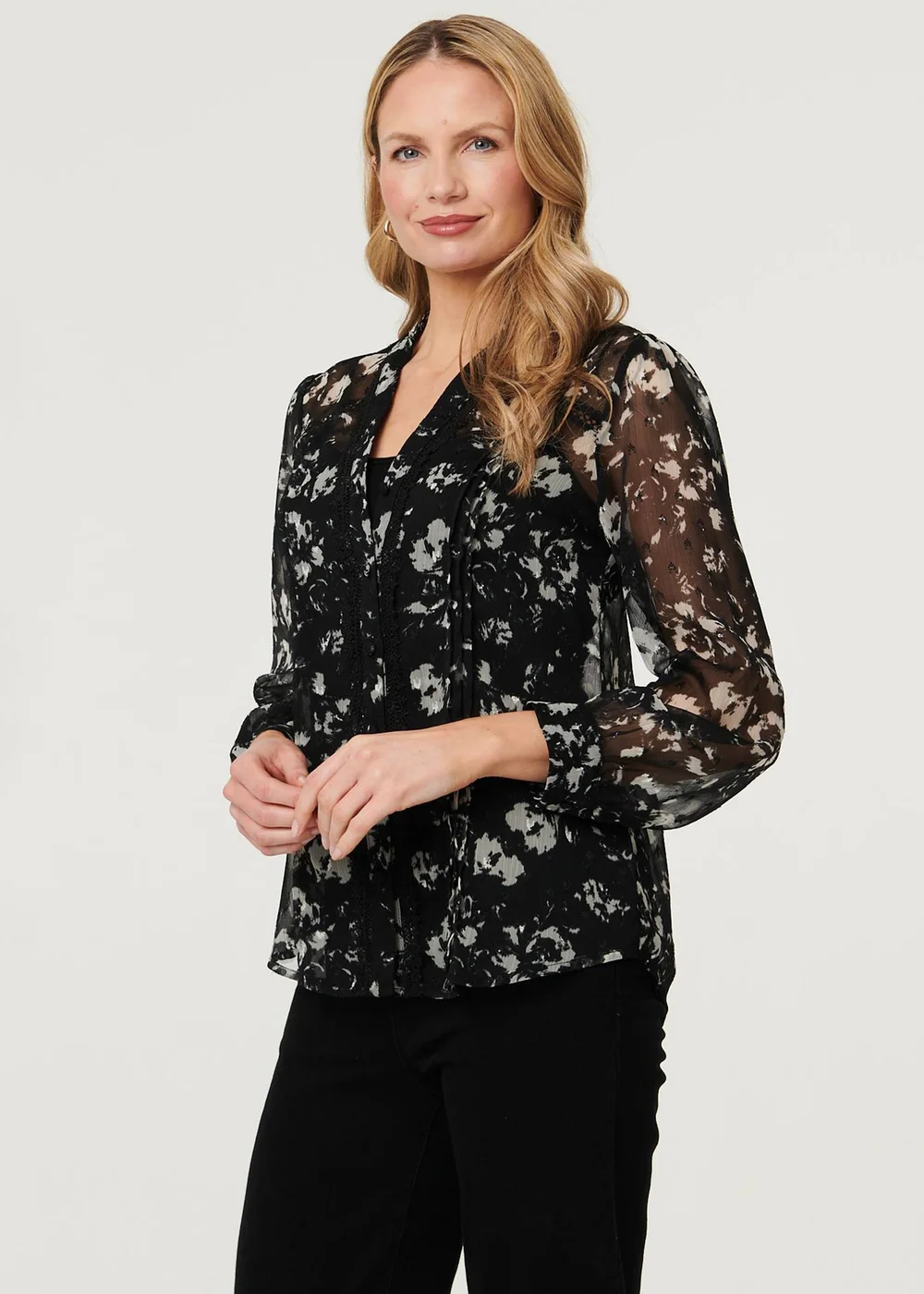 Izabel London Black Floral Semi Sheer Layer Lace Trim Blouse - 14 Image 2