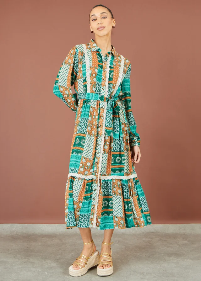 Yumi Multicolour Patchwork Viscose Midi Shirt Dress