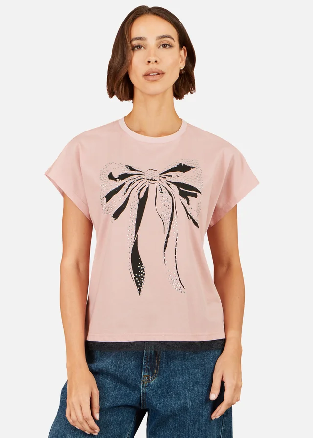Yumi Blush Bow T-Shirt With Lace