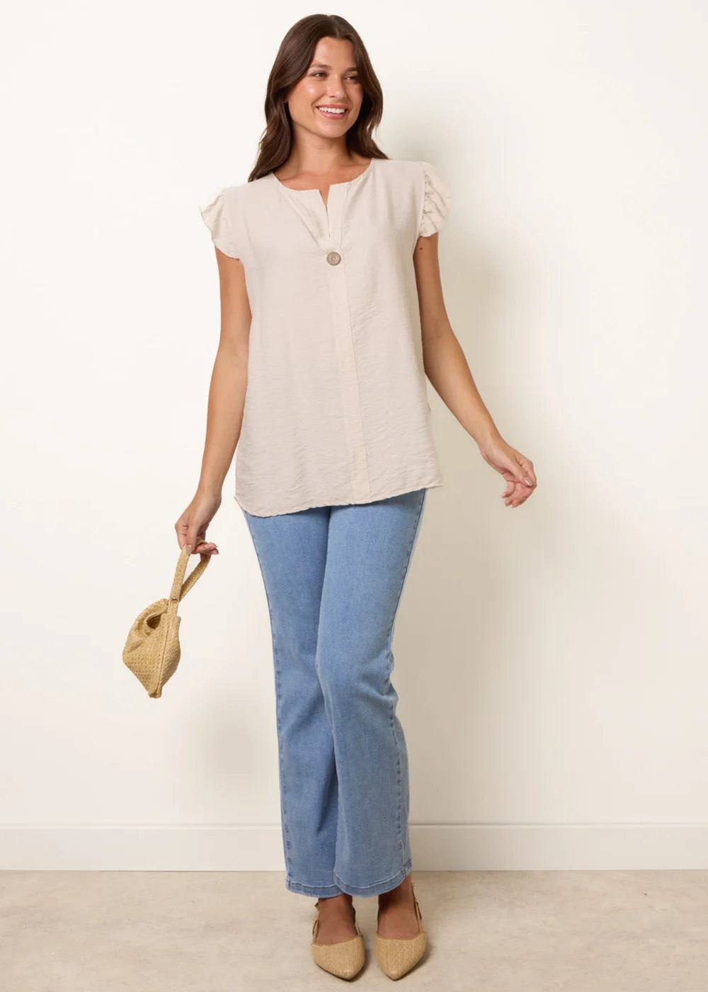 Blue Vanilla Stone One Button Frill Sleeve Top - One Size Image 2