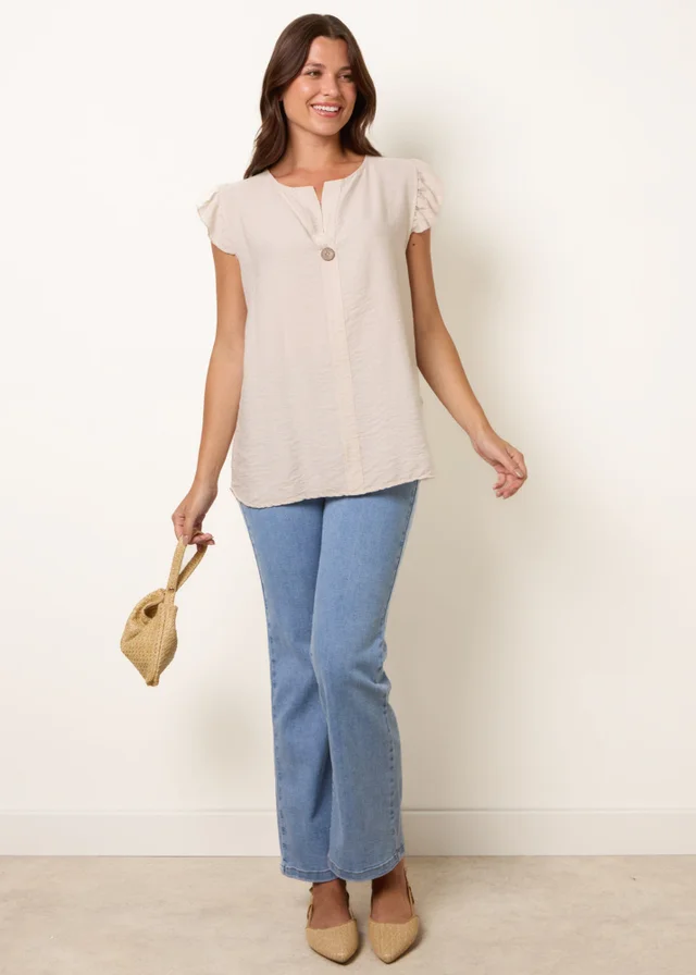 Blue Vanilla Stone One Button Frill Sleeve Top