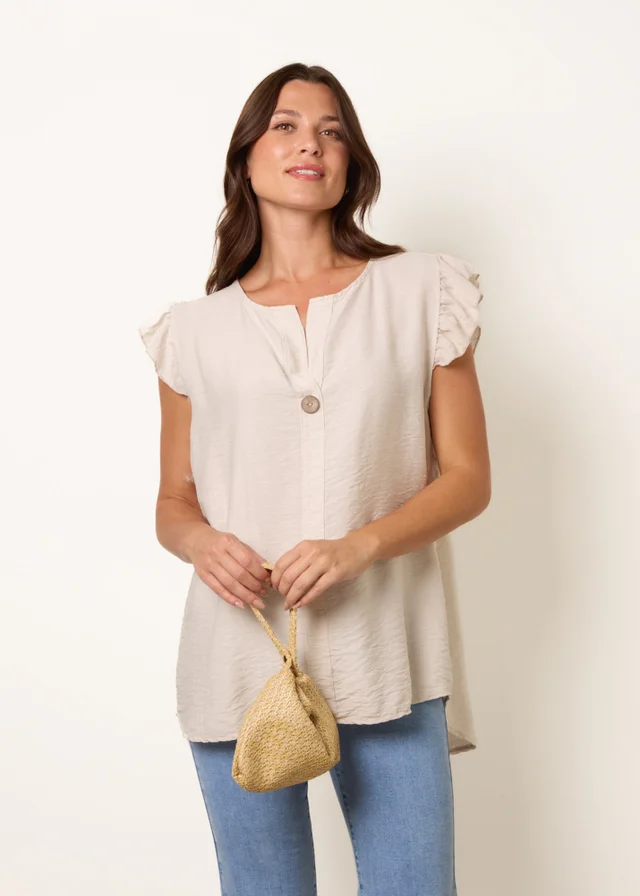 Blue Vanilla Stone One Button Frill Sleeve Top