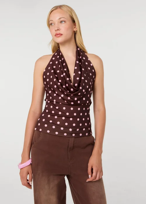 Pink Vanilla Brown Polka Dot Cowl Neck Top - One Size Image 1