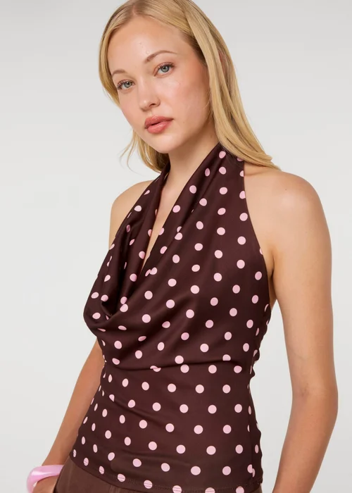 Pink Vanilla Brown Polka Dot Cowl Neck Top - One Size Image 3