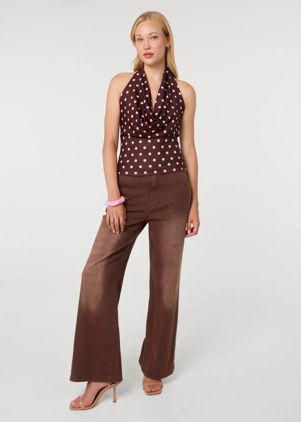 Pink Vanilla Brown Polka Dot Cowl Neck Top - One Size Image 2