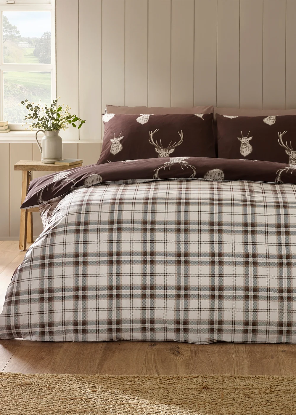 Catherine Lansfield Stag Check Reversible Duvet Cover Set Chocolate - Single Image 2