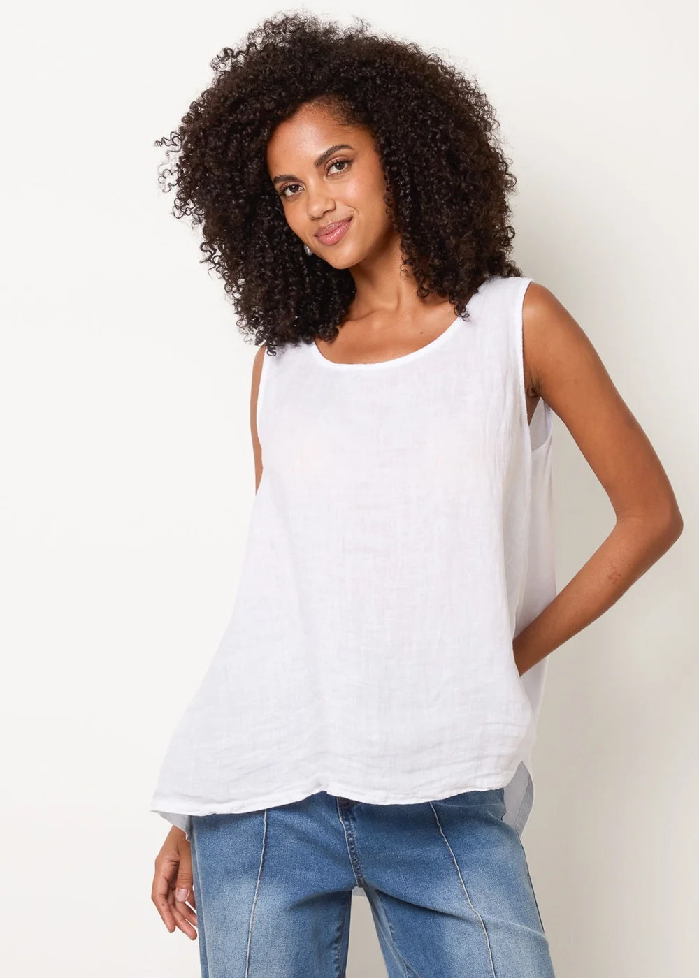 Blue Vanilla White Jersey Back Linen Woven Front Sleeveless Top - One Size Image 2
