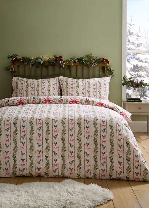 Catherine Lansfield Christmas Nutcracker Bows Reversible Duvet Cover Set Natural - Single Image 2
