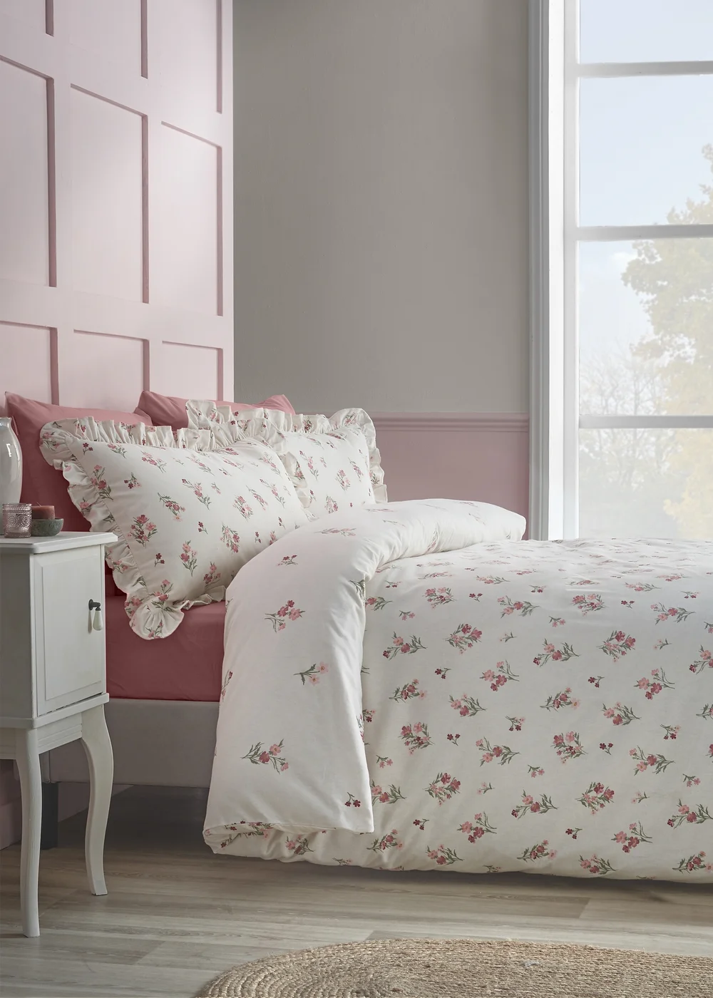 Catherine Lansfield Brushed Ditsy Floral Cotton Reversible Duvet Cover Set Pink - Single Image 1