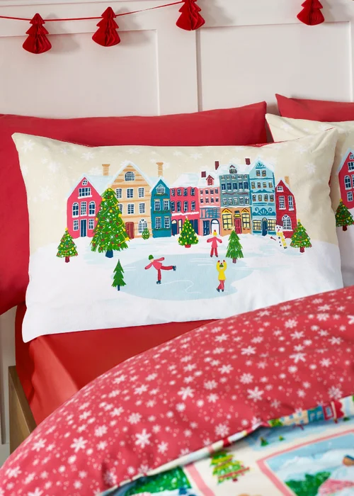 Catherine Lansfield Christmas Town Stamps Reversible Duvet Cover Set Natural - Single Image 3