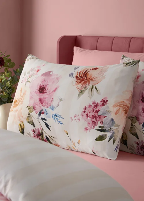 Catherine Lansfield Floral Stripe So Soft Reversible Duvet Cover Set Cream - Single Image 3