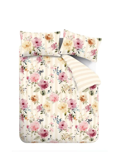 Catherine Lansfield Floral Stripe So Soft Reversible Duvet Cover Set Cream - Single Image 5