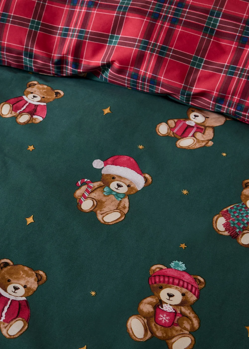 Catherine Lansfield Christmas Tartan Teddy Bear Reversible Duvet Cover Set Green - Junior Image 5