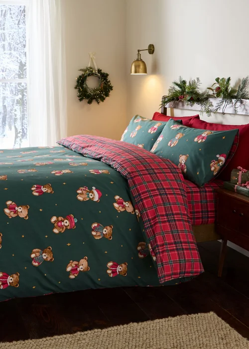 Catherine Lansfield Christmas Tartan Teddy Bear Reversible Duvet Cover Set Green - Junior Image 1
