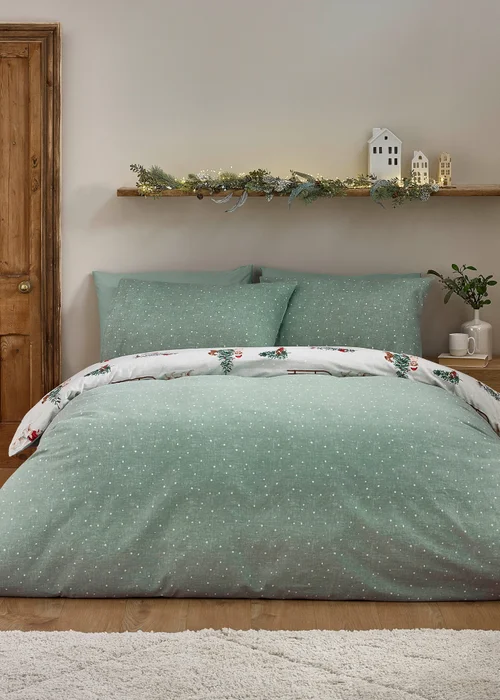 Catherine Lansfield Brushed Christmas Dogs Cotton Reversible Duvet Cover Set Green - Double Image 2