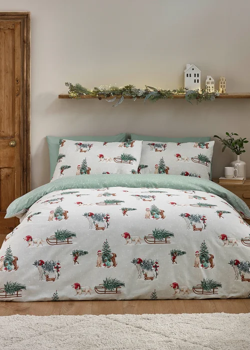 Catherine Lansfield Brushed Christmas Dogs Cotton Reversible Duvet Cover Set Green - Double Image 1