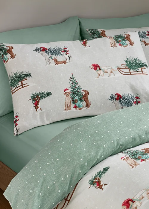 Catherine Lansfield Brushed Christmas Dogs Cotton Reversible Duvet Cover Set Green - Double Image 3
