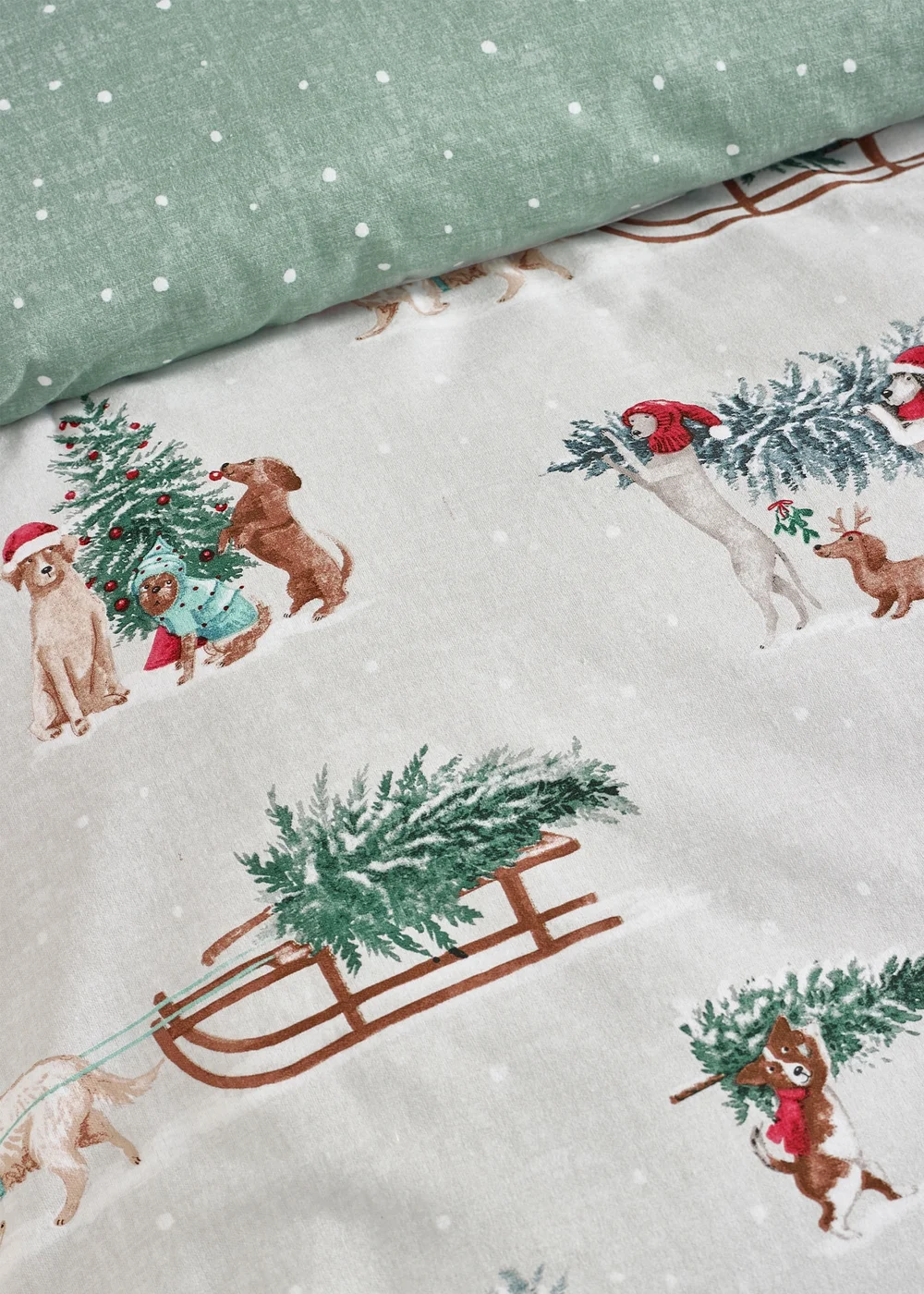 Catherine Lansfield Brushed Christmas Dogs Cotton Reversible Duvet Cover Set Green - Double Image 4
