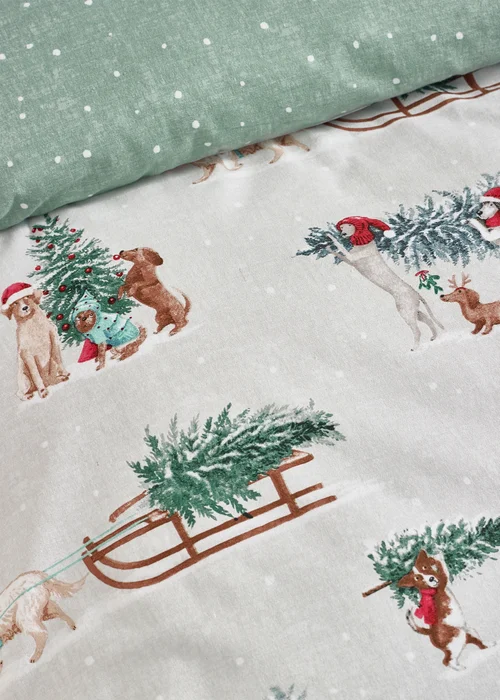 Catherine Lansfield Brushed Christmas Dogs Cotton Reversible Duvet Cover Set Green - Double Image 4