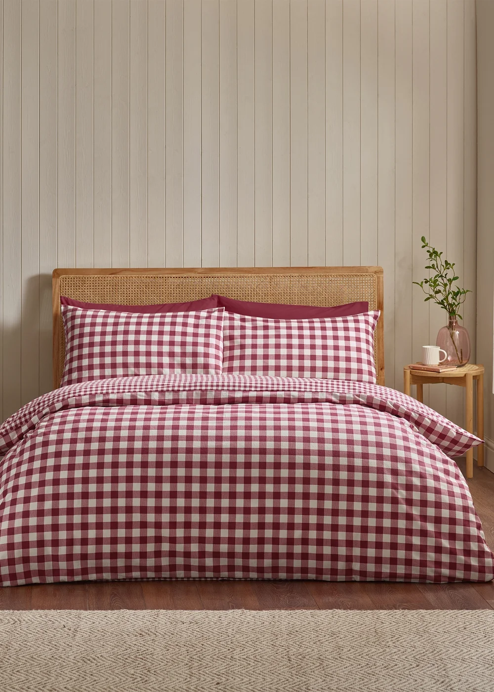 Catherine Lansfield Brushed Gingham Check Reversible Duvet Cover Set Burgundy - Single Image 1