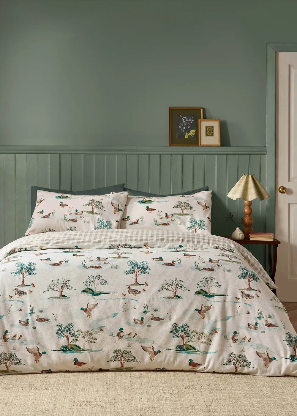 Catherine Lansfield Brushed Mallards Cotton Reversible Duvet Cover Set Cream - Single Image 1