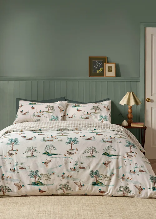 Catherine Lansfield Brushed Mallards Cotton Reversible Duvet Cover Set Cream - Single Image 1