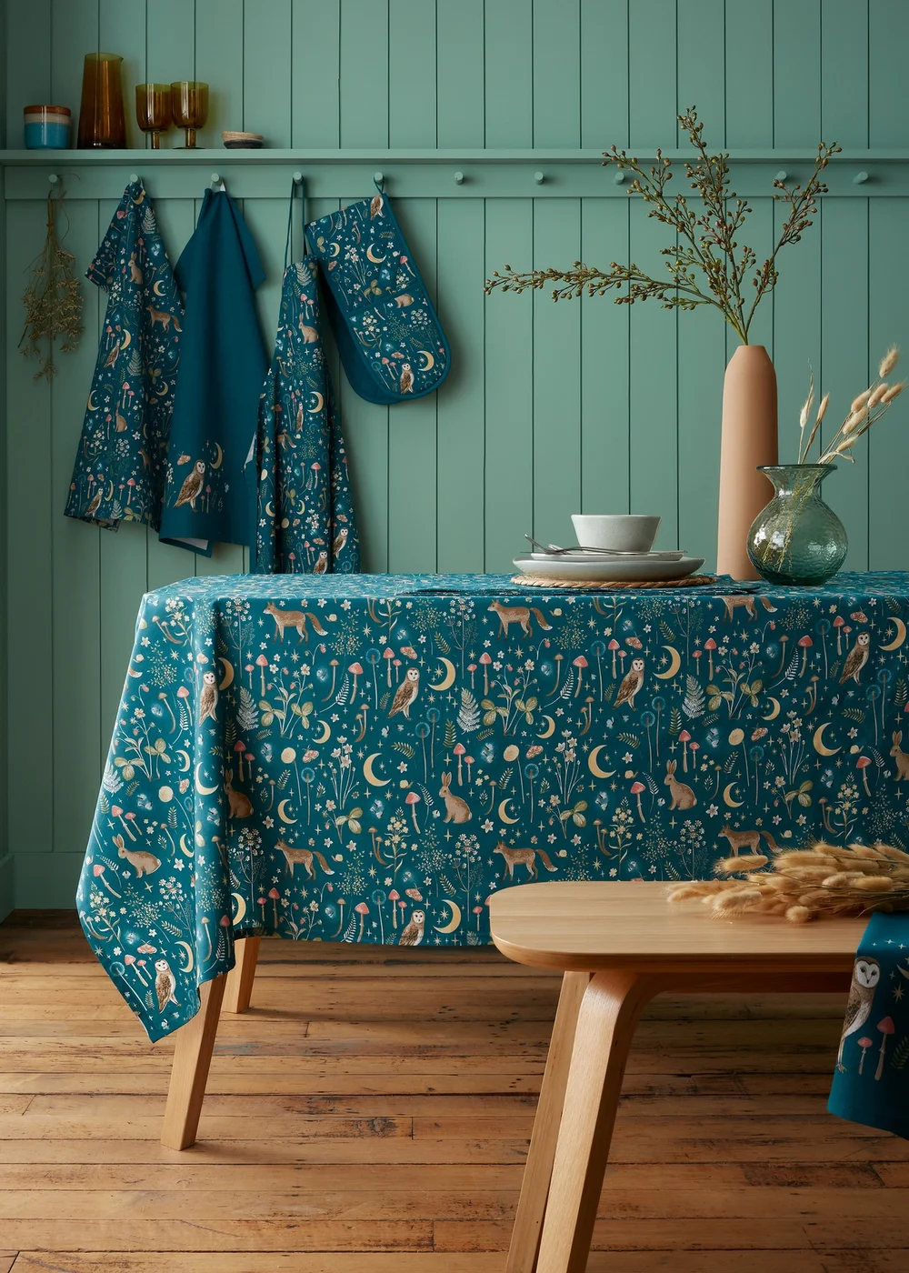Catherine Lansfield Enchanted Twilight Animals Cotton Table Cloth Green - 137 x 178cm Image 1