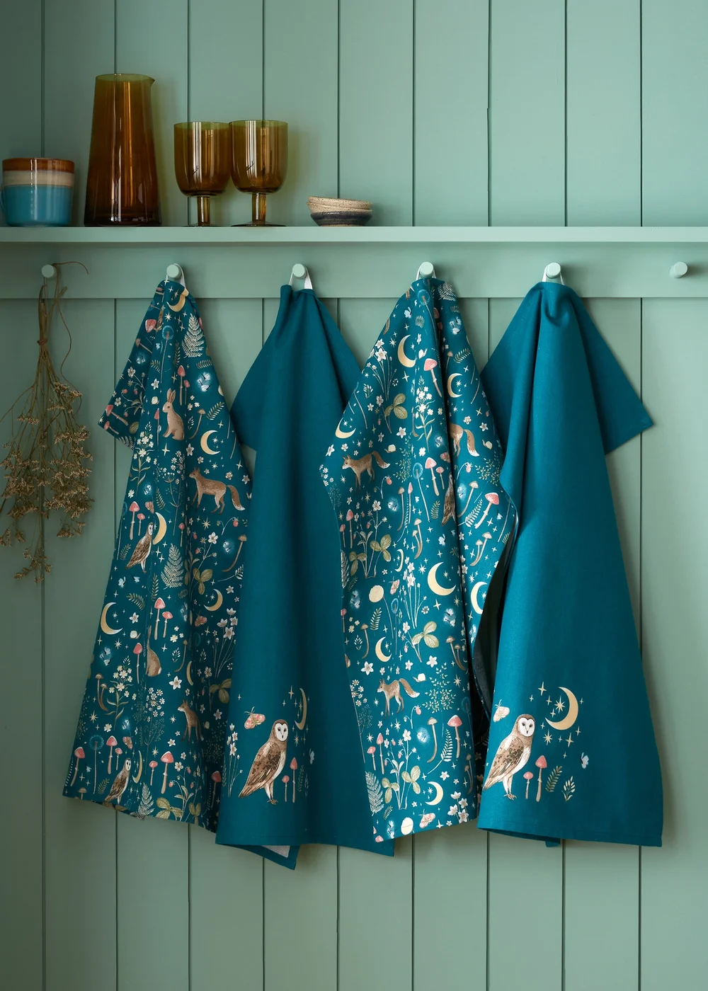 Catherine Lansfield Enchanted Twilight Animals Cotton 50x70cm Kitchen Tea Towel Pack of 4 Green - One Size Image 1