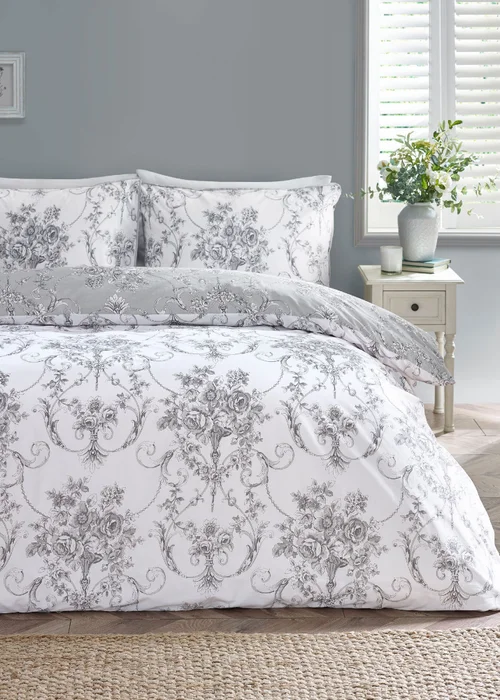 Catherine Lansfield Antoinette Damask Reversible Duvet Cover Set Grey - Single Image 1