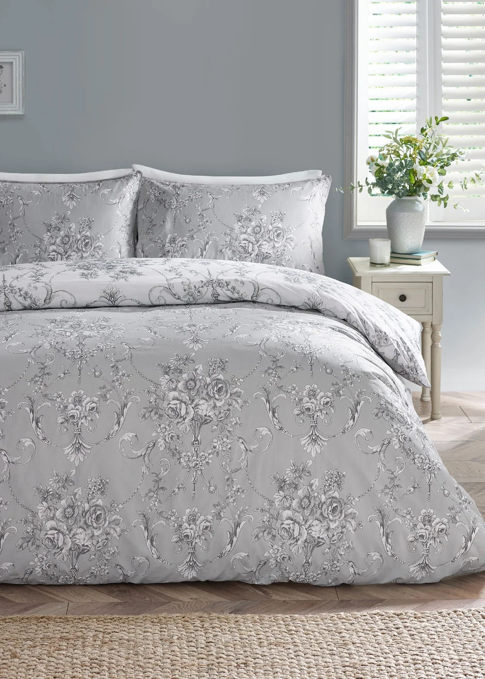 Catherine Lansfield Antoinette Damask Reversible Duvet Cover Set Grey - Single Image 2