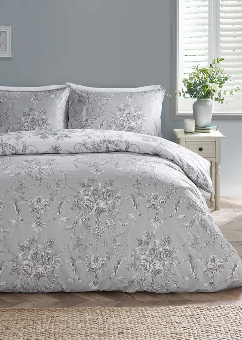 Catherine Lansfield Antoinette Damask Reversible Duvet Cover Set Grey - Single Image 2