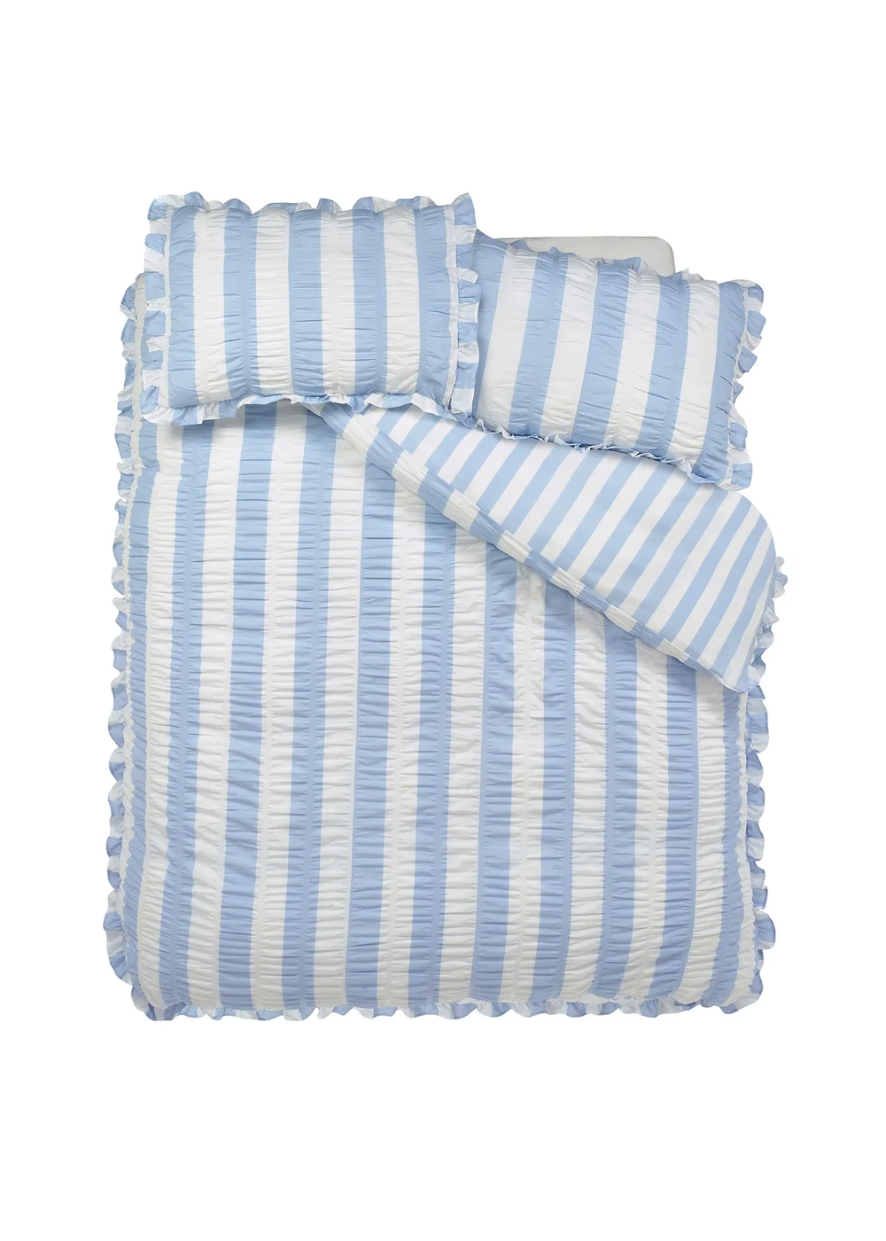 Catherine Lansfield Seersucker Frill Stripe Duvet Cover Set Blue - Single Image 4