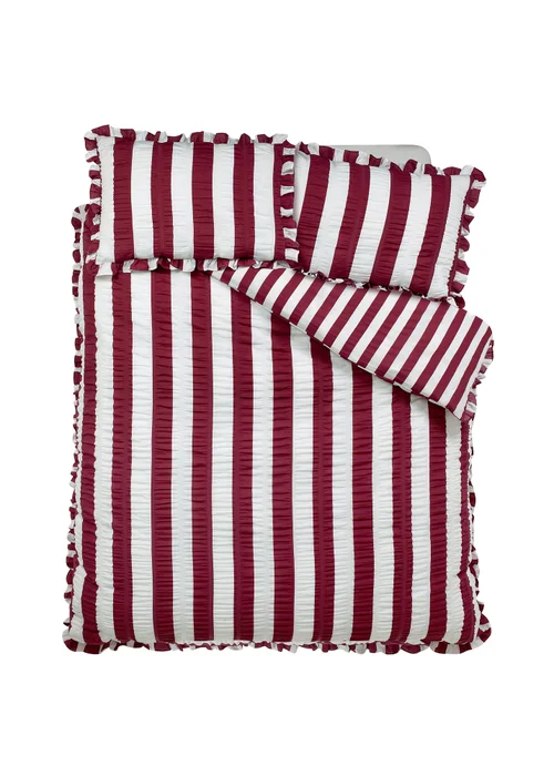 Catherine Lansfield Seersucker Frill Stripe Duvet Cover Set Plum - Single Image 4