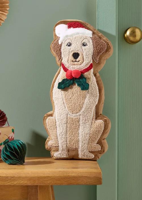 Catherine Lansfield Christmas Dog 20x35cm 3D Shaped Cushion Cream / Red - One Size Image 2