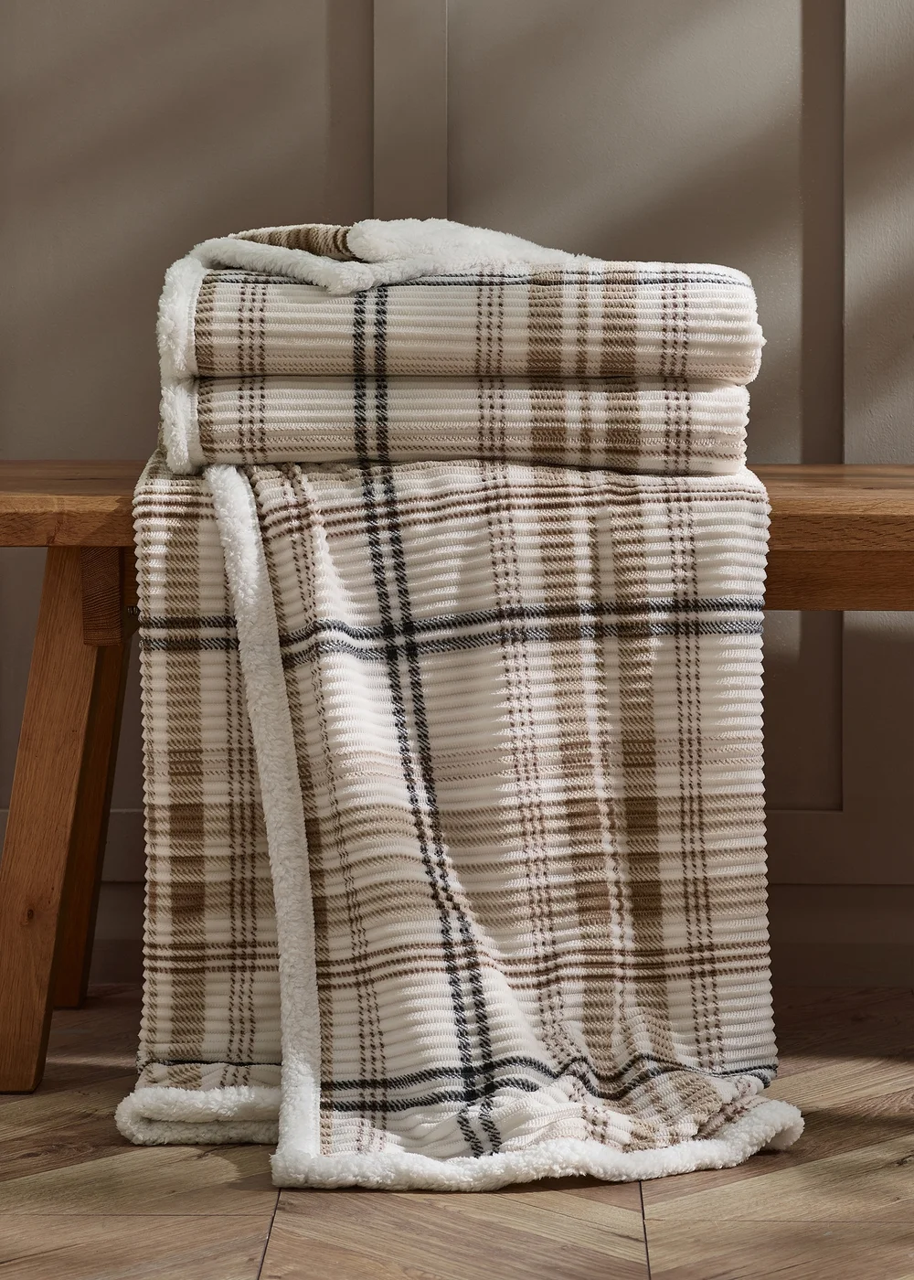 Catherine Lansfield Cosy Ribbed Check 130x170cm Blanket Throw Natural - One Size Image 1