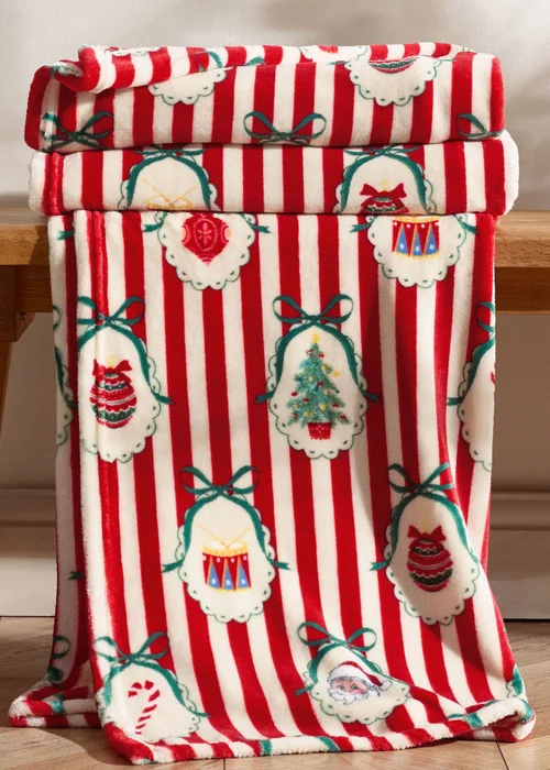 Catherine Lansfield Christmas Vintage Stripe Cosy Fleece 130x170cm Blanket Throw Red - One Size Image 1