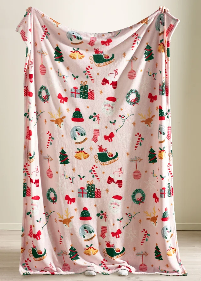Catherine Lansfield Christmas Happy Holidays Cosy Fleece 130x170cm Blanket Throw Pink