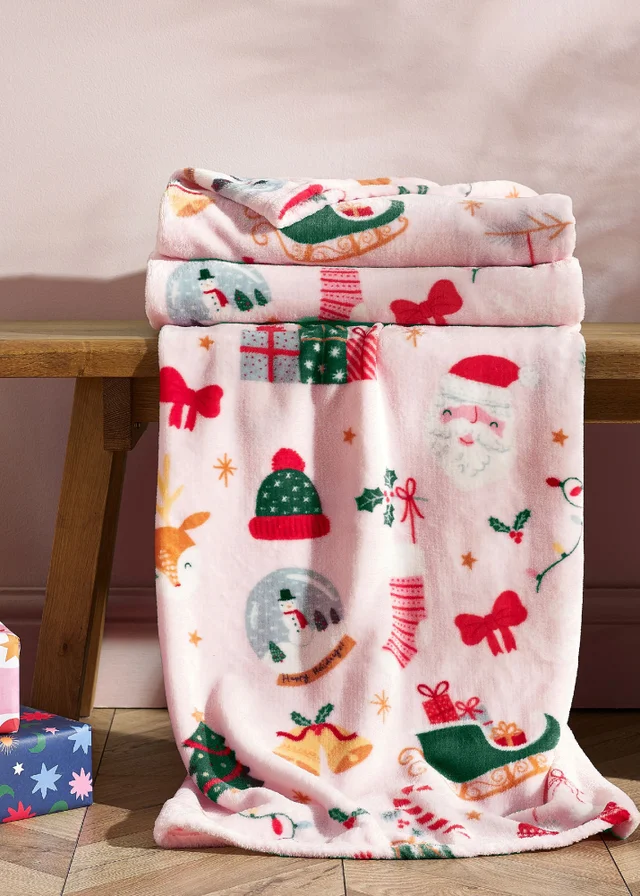 Catherine Lansfield Christmas Happy Holidays Cosy Fleece 130x170cm Blanket Throw Pink