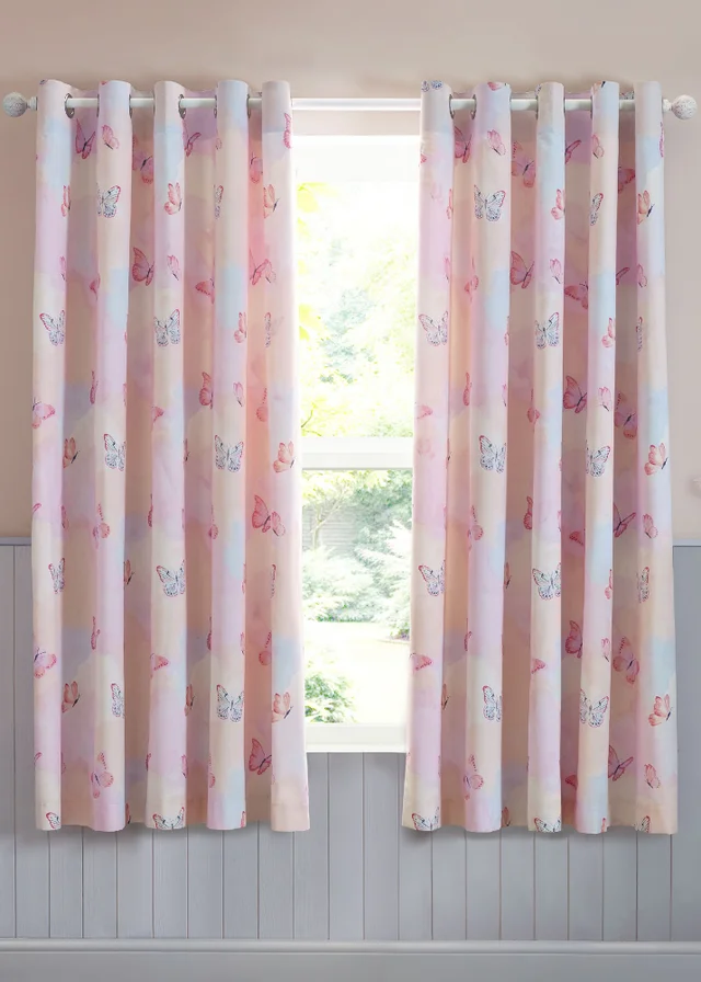 Catherine Lansfield Ombre Butterflies Fully Reversible Eyelet Curtains Two Panels Pink