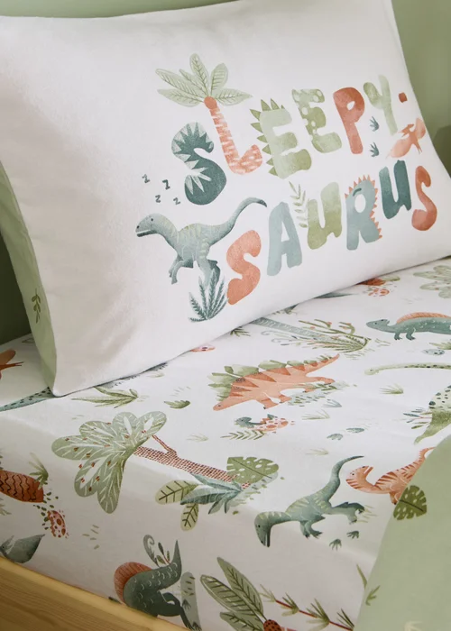 Catherine Lansfield Brushed Sleepy Saurus Dino Cotton Fitted Sheet Cream - Junior Image 1