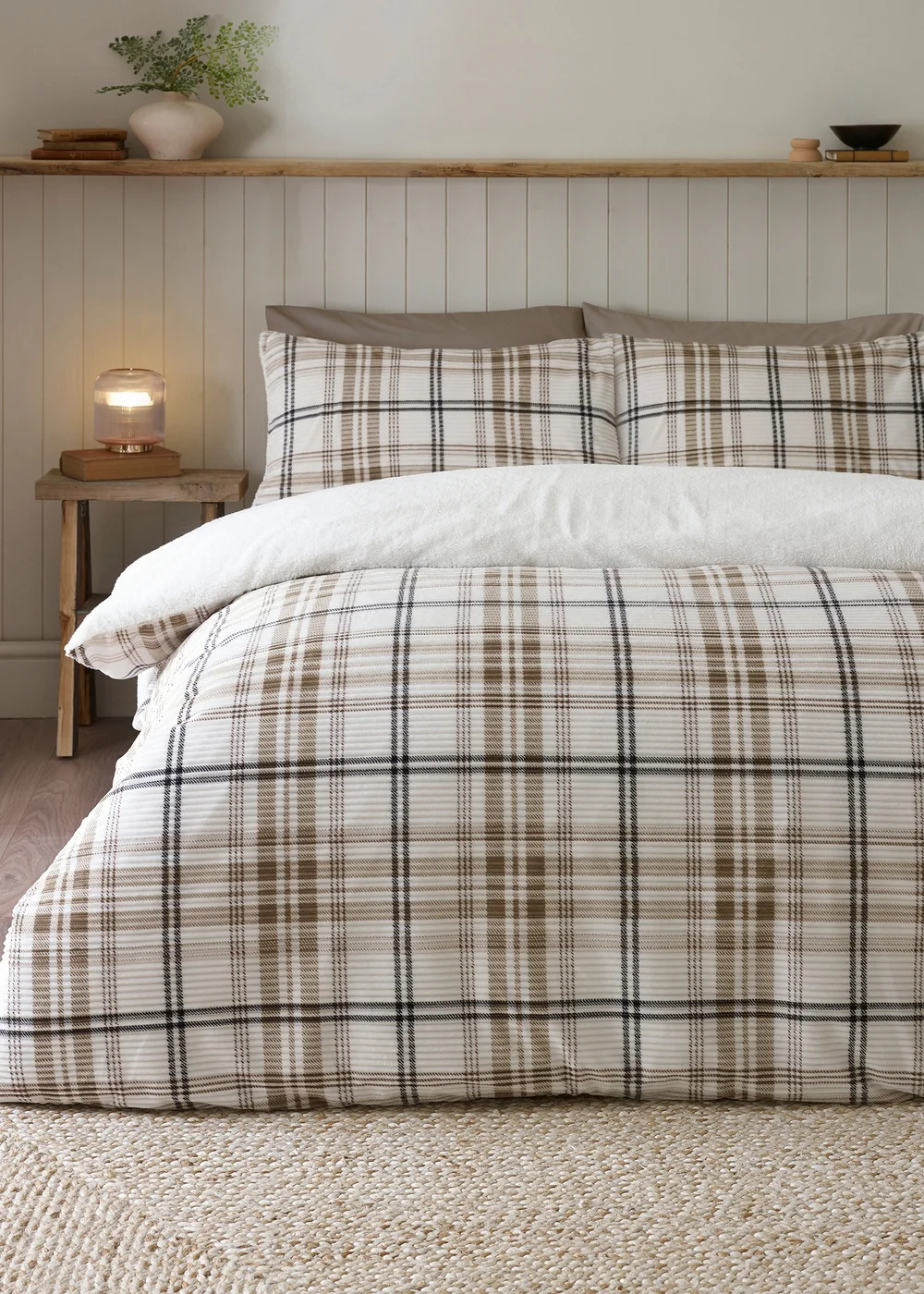 Catherine Lansfield Cosy Ribbed Check Duvet Cover Set Natural - Single Image 1