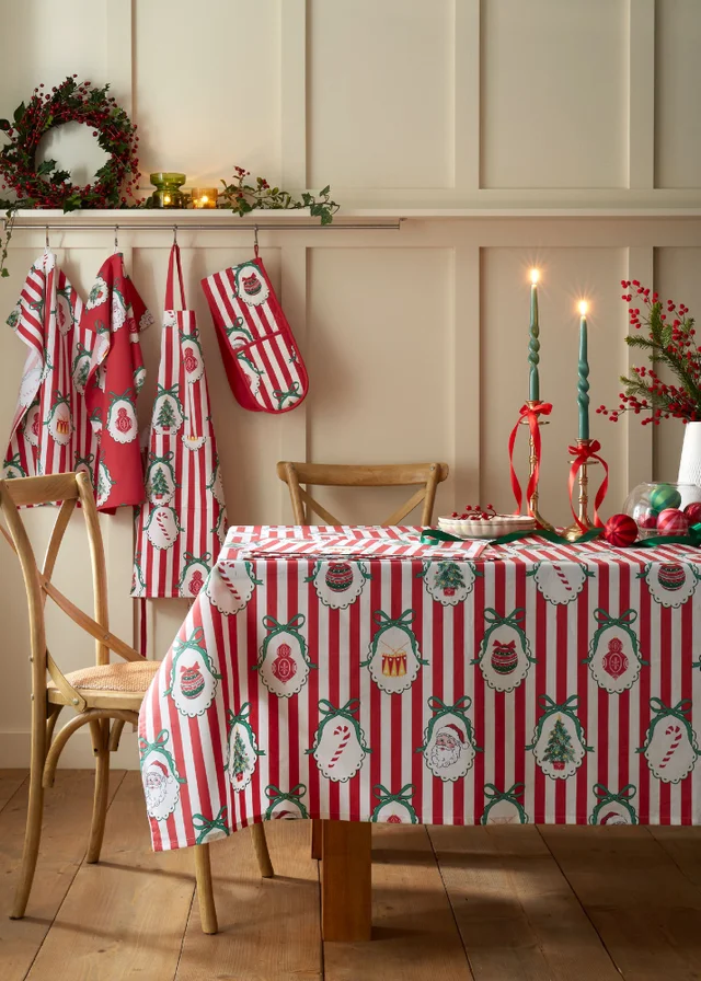 Catherine Lansfield Christmas Vintage Stripe Cotton 137x229cm Table Cloth Red