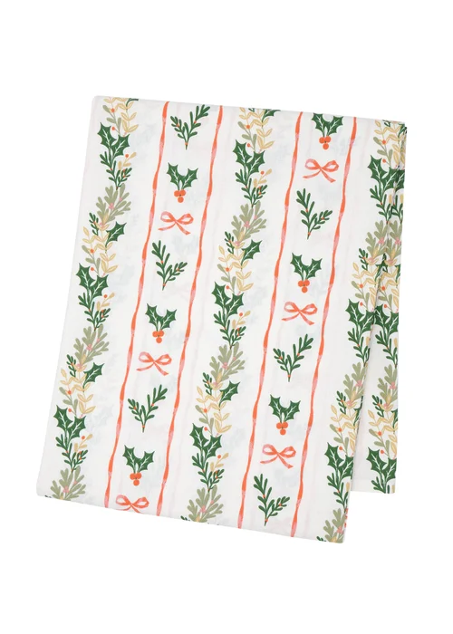 Catherine Lansfield Christmas Holly Stripe Cotton 137x178cm Table Cloth Cream / Red - 137 x 178cm Image 1