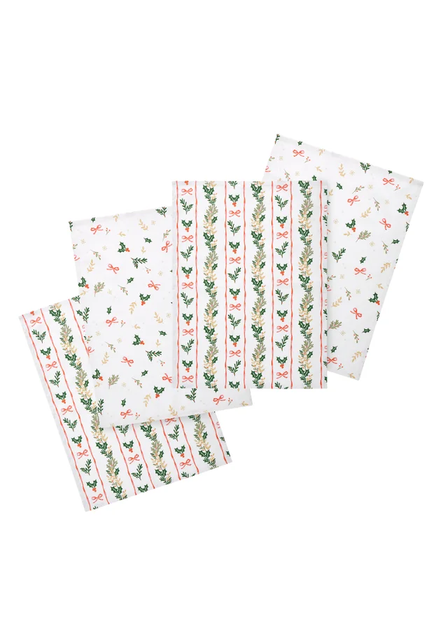 Catherine Lansfield Christmas Holly Stripe Cotton 50x70cm Kitchen Tea Towel Pack of 4 Cream / Red