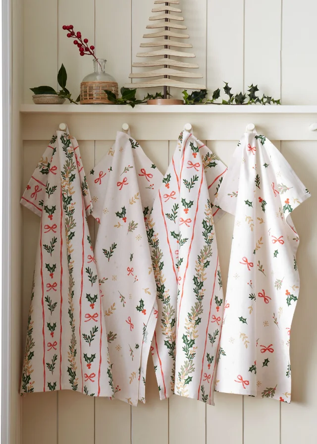 Catherine Lansfield Christmas Holly Stripe Cotton 50x70cm Kitchen Tea Towel Pack of 4 Cream / Red