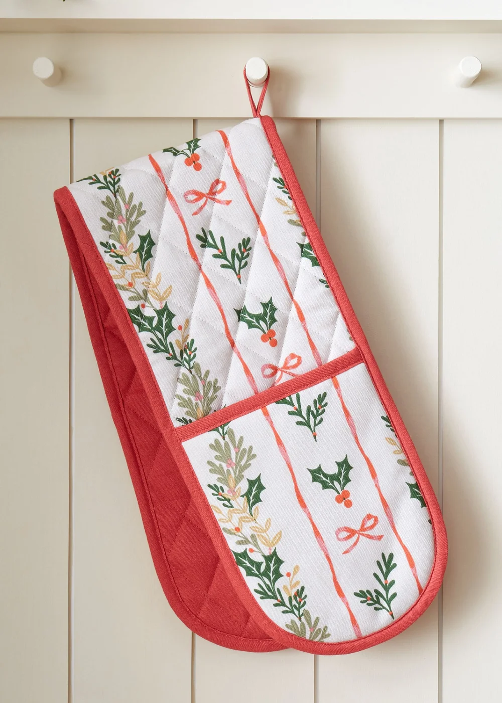 Catherine Lansfield Christmas Holly Stripe Cotton Kitchen Double Oven Glove Cream / Red - One Size Image 2