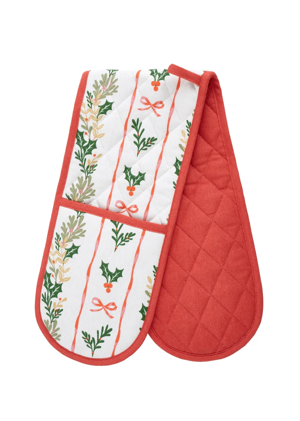 Catherine Lansfield Christmas Holly Stripe Cotton Kitchen Double Oven Glove Cream / Red - One Size Image 1