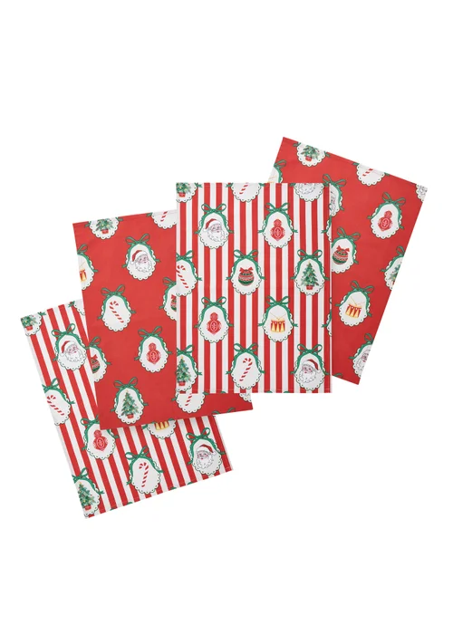 Catherine Lansfield Christmas Vintage Stripe Cotton 50x70cm Kitchen Tea Towel Pack of 4 Red - One Size Image 1
